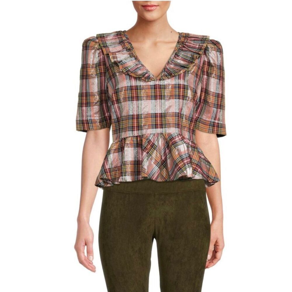 NWT SAYLOR Ilene Metallic Plaid Peplum Cottagecore Top Women's Small